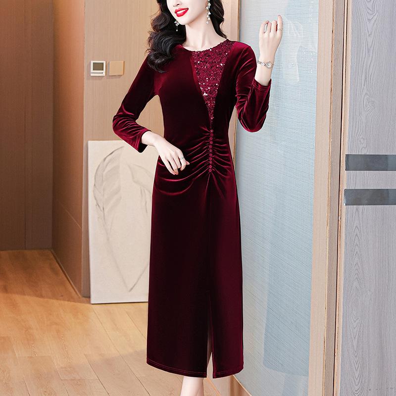 

Новое высококачественное и модное облегающее талию платье с разрезом из золотого бархата 4XL красный