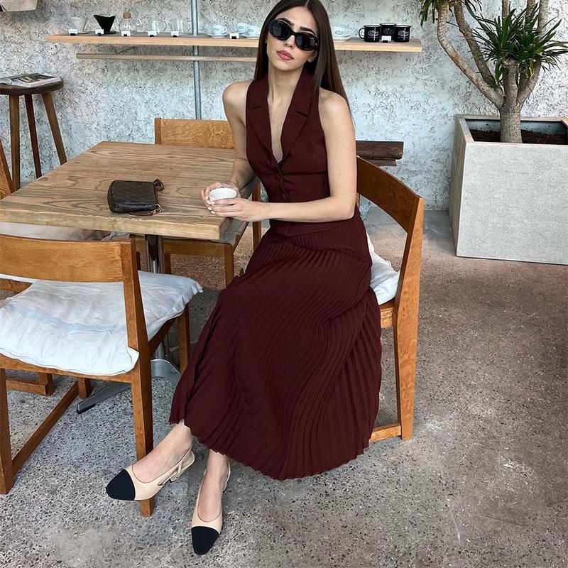 Einfarbig Knöchellangen Kleid Sets Plissee Röcke V-Ausschnitt Ärmellose Weste Einreiher Zwei Stücke Lose Taste Büro Dame 2025