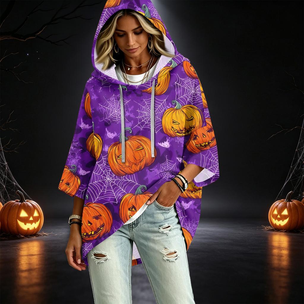 Women's Three-Quarter Sleeve Hoodie with Halloween Print Pullover Top
