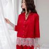 Spring and Autumn New Lace Edge Ice Silk Light Luxury Solid Color Pajamas Women's Long Sleeves High-end Loungewear Can Be Worn Outside