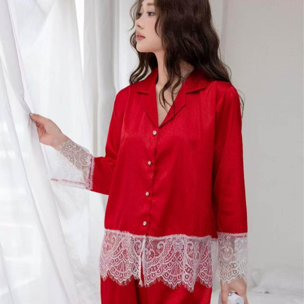 Spring and Autumn New Lace Edge Ice Silk Light Luxury Solid Color Pajamas Women's Long Sleeves High-end Loungewear Can Be Worn Outside