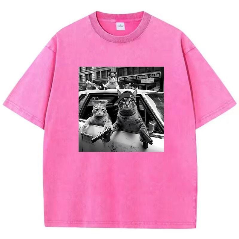 Streetwear Cat T Shirt Vintage Washed Cotton T-Shirt Hip Hop Graphic Tee Casual Streetwear Spring Summer