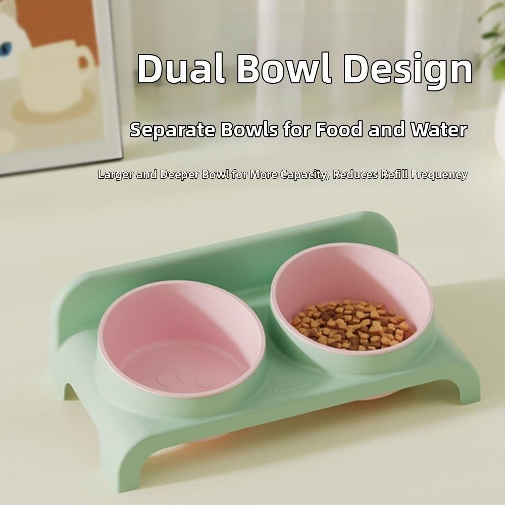 Double Bowls Cat Food Water Bowl Non-Slip Anti-flip Pet Water Feeder Container with Stand 15 ° Slant Cat Dog Dual-use Bowl