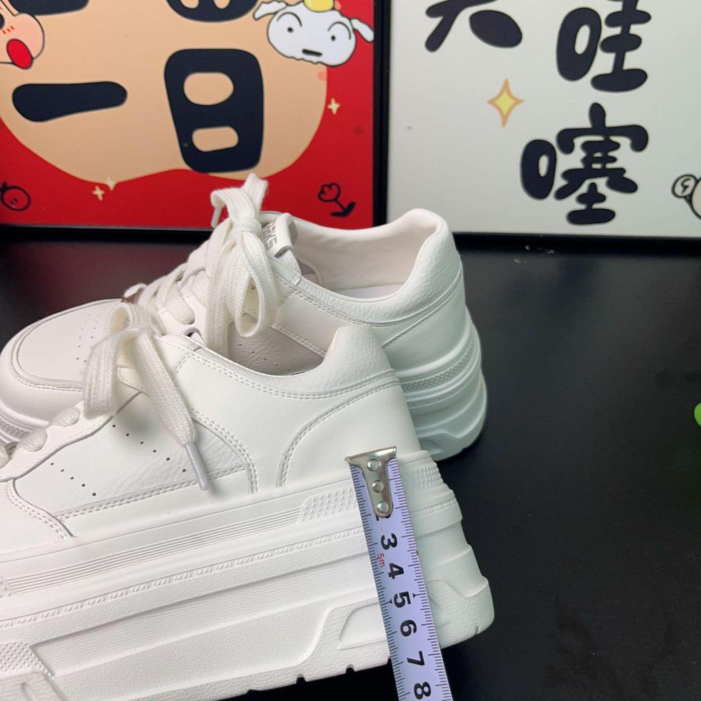 Women's Platform Sneakers - Genuine Leather, White, Height-Increasing, Autumn 2025 Collection, 7CM Sole, Petite Casual Sports Style