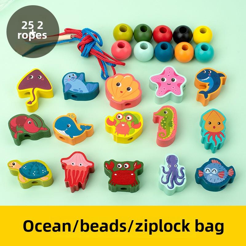 Montessori Holz Einfädelperlen Spielzeug für Kleinkinder, Pädagogisches Auffädeln Tiere Früchte Einfädelspiel, Geschenk für Vorschulkinder