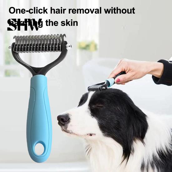 Professional Pet Grooming Comb Double-Sided Detangling Rake, Dog Undercoat Rake with Rounded Blades, Double Sided Tool Shedding Brush for Long