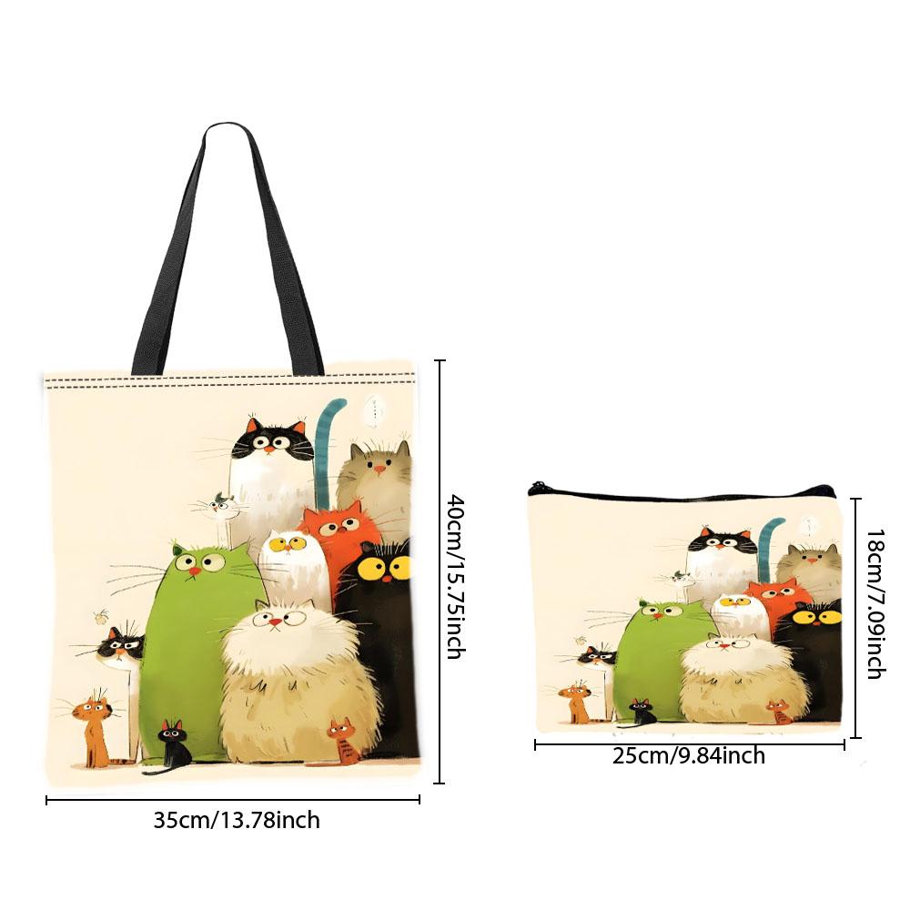 Whimsical Cartoon Cats Tote Bag Makeup Pouch Practical Combination Shopping Storage Bag Floral Art Handbag Travel Camping