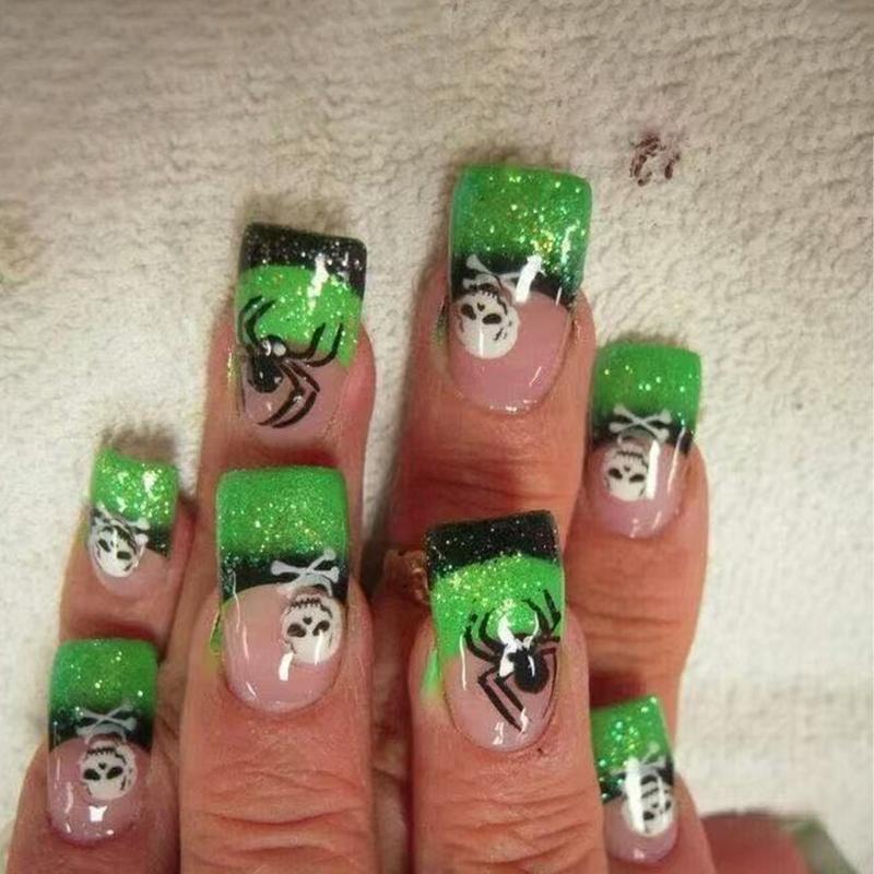 Halloween Black Green Scintillate French Square Short Persist Hoofs With White Skull Plan For Party Costume