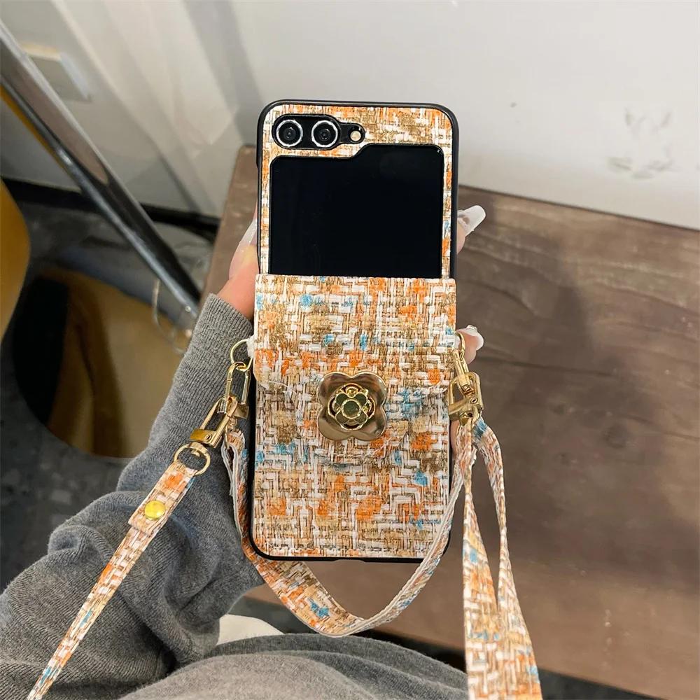 

Чехол-кроссбоди для телефона Samsung Galaxy Z Flip 6 5 4 3 Flip6 Flip5 Flip4 Flip3 5G держатель для карт Регулируемый ремешок плетеный кожаный чехол For Samsung Galaxy Z Flip 3