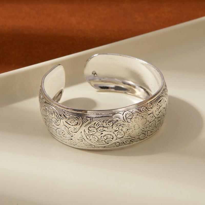 Retro Ethnic Style Imitation Miao Silver Opening Bracelet Carved Wide Face Bracelet Ancient Style Handmade Imitation Silver Bracelet Female