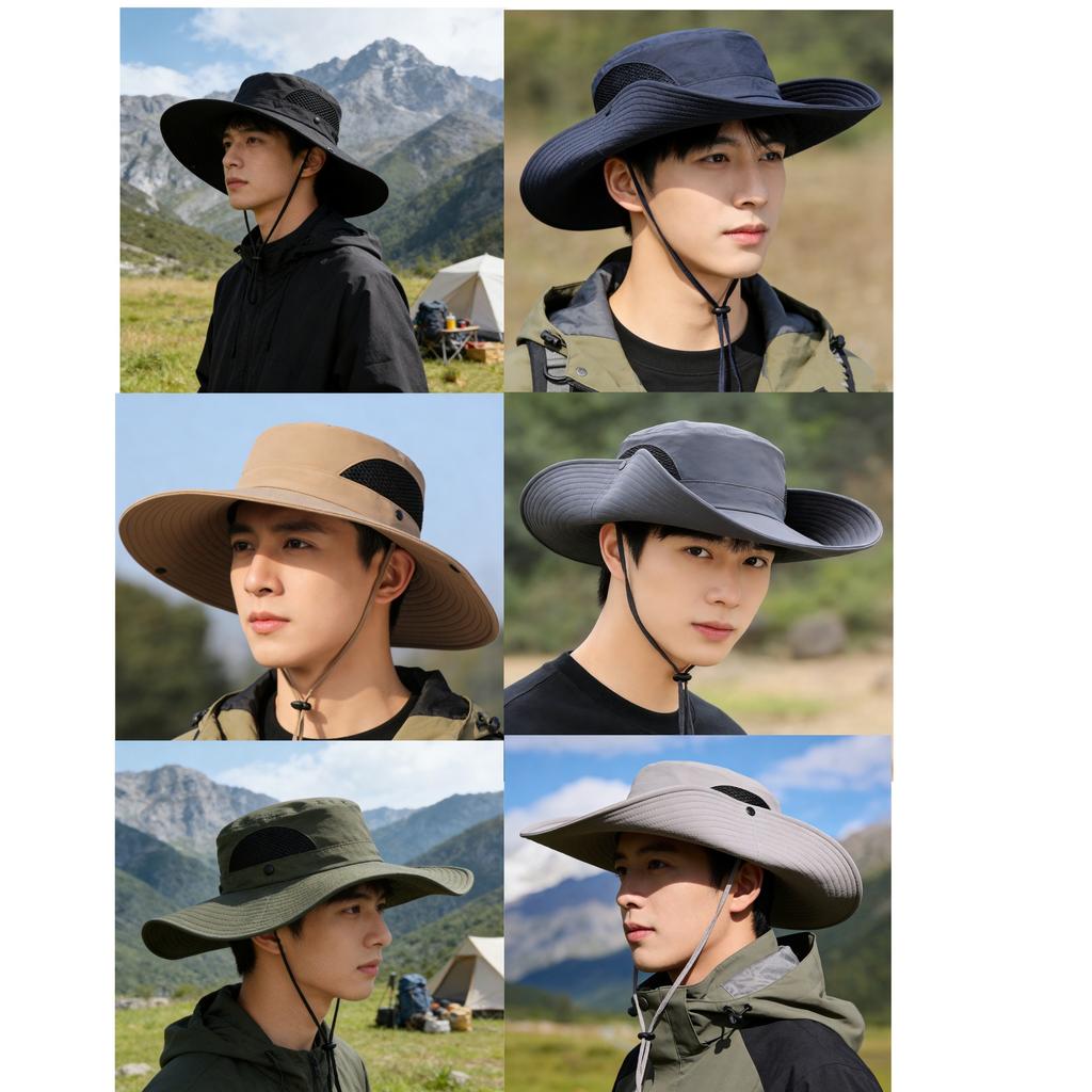Summer New Large-Brim Solid Color Fisherman Hat Outdoor Mountaineering Hat Fashion Windproof Rope Fishing Hat Casual Sun Hat