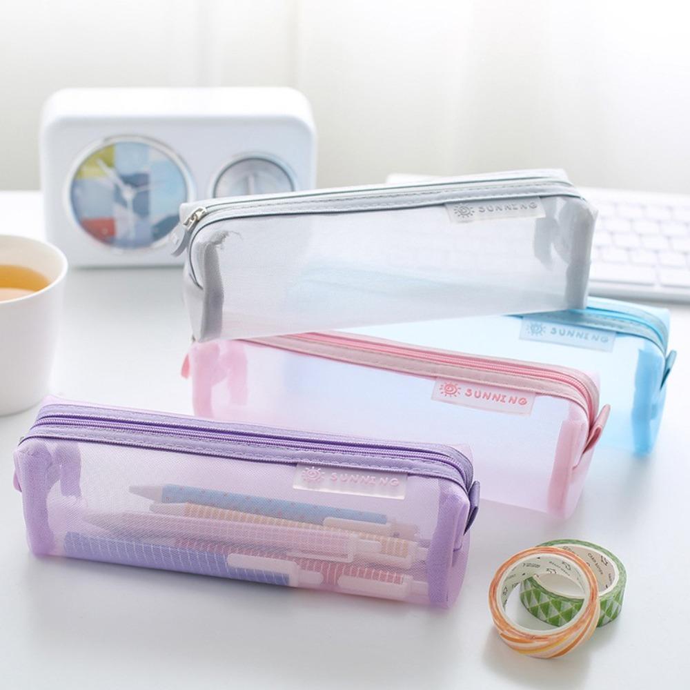 Multicolor Pencil Pouch Translucent Stationery Bag Portable Mesh Pencil Bag  Student