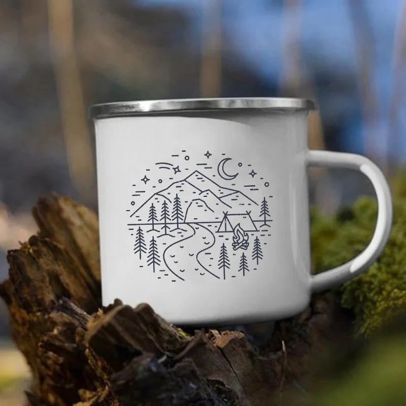 Stampa 'Le Montagne Aspettano' Tazza Smaltata Creativa Campeggio Caffè Tè Acqua Latte Tazze Manico Bicchiere Vacanza Escursionismo Regalo