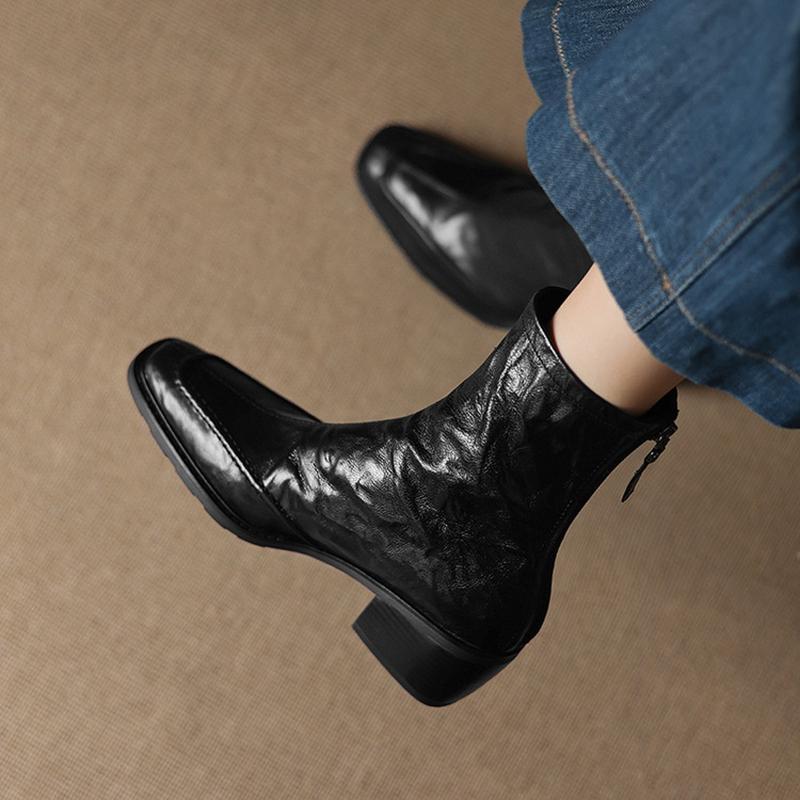 Fashion NEW Autumn Women Boots Square Toe Chunky Heel Shoes Genuine Leather Shoes for Women Short Modern Boots Daily Shoes Zipper Boots