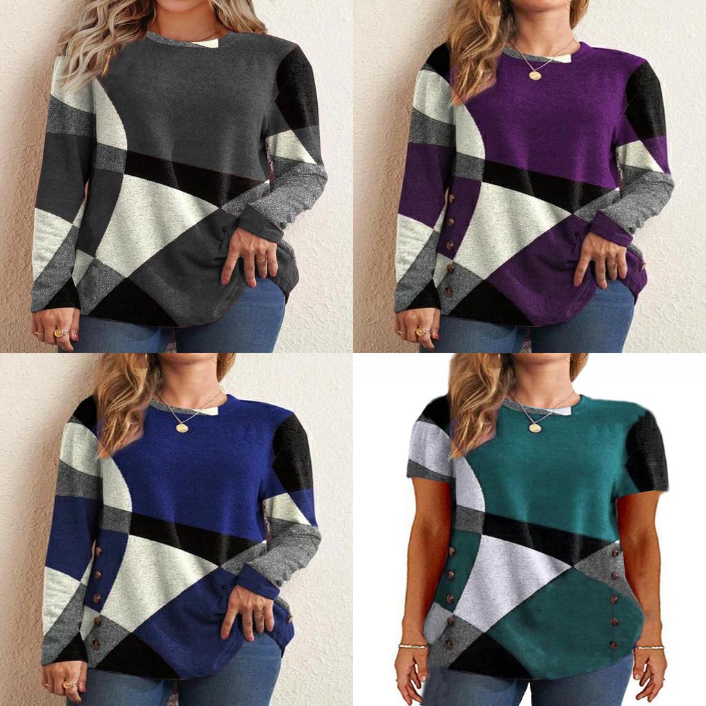 Springwish Geometric Colorblock Long Sleeve Tee For Casual Urban Women
