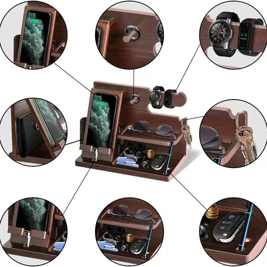 Birthday Gift for Wooden Smartphone Day Desk Organizer Watch Small Item Men Stand, Father's Gift, Stand, Stand, Storage.