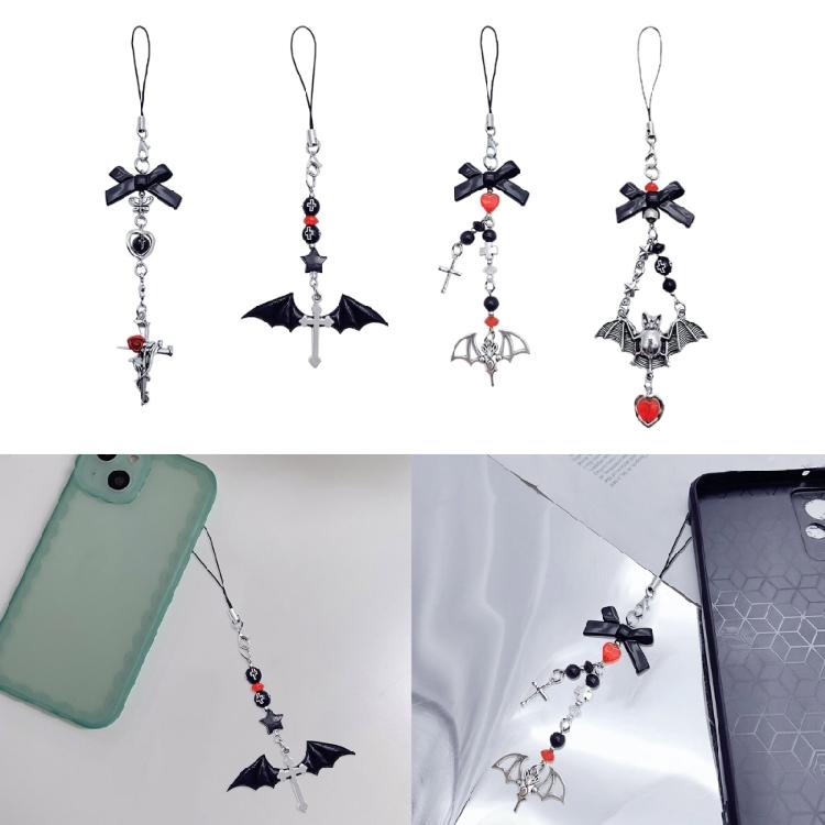 Mobile Phone Charm Gothic Cross Bat Rose Pendant Keychain Strap Lanyard for Bag