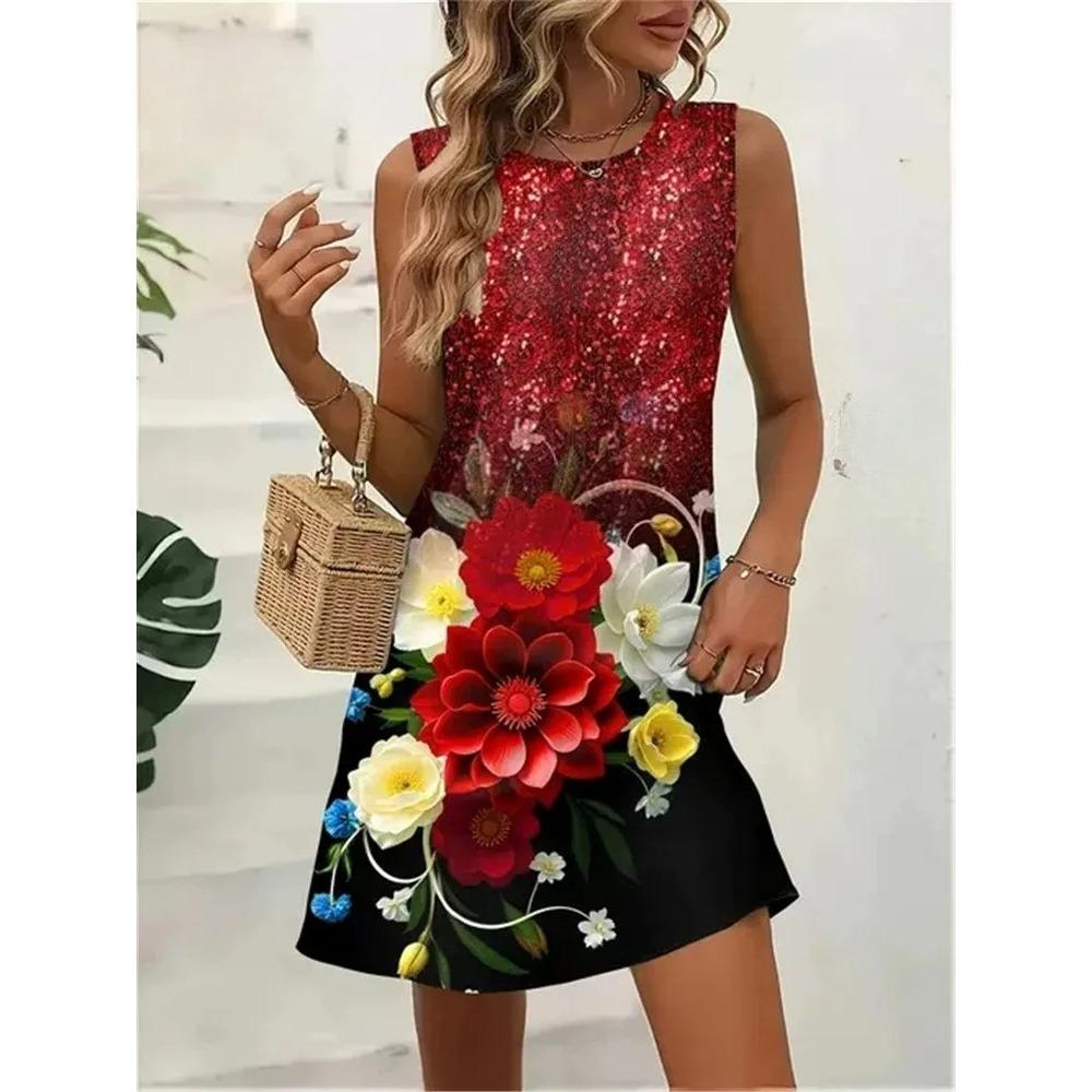 Flowers Butterfly Print Dresses Summer Women Vintage Sleeveless Mini Dress Casual Comfortable Breathable Pocketless Dress