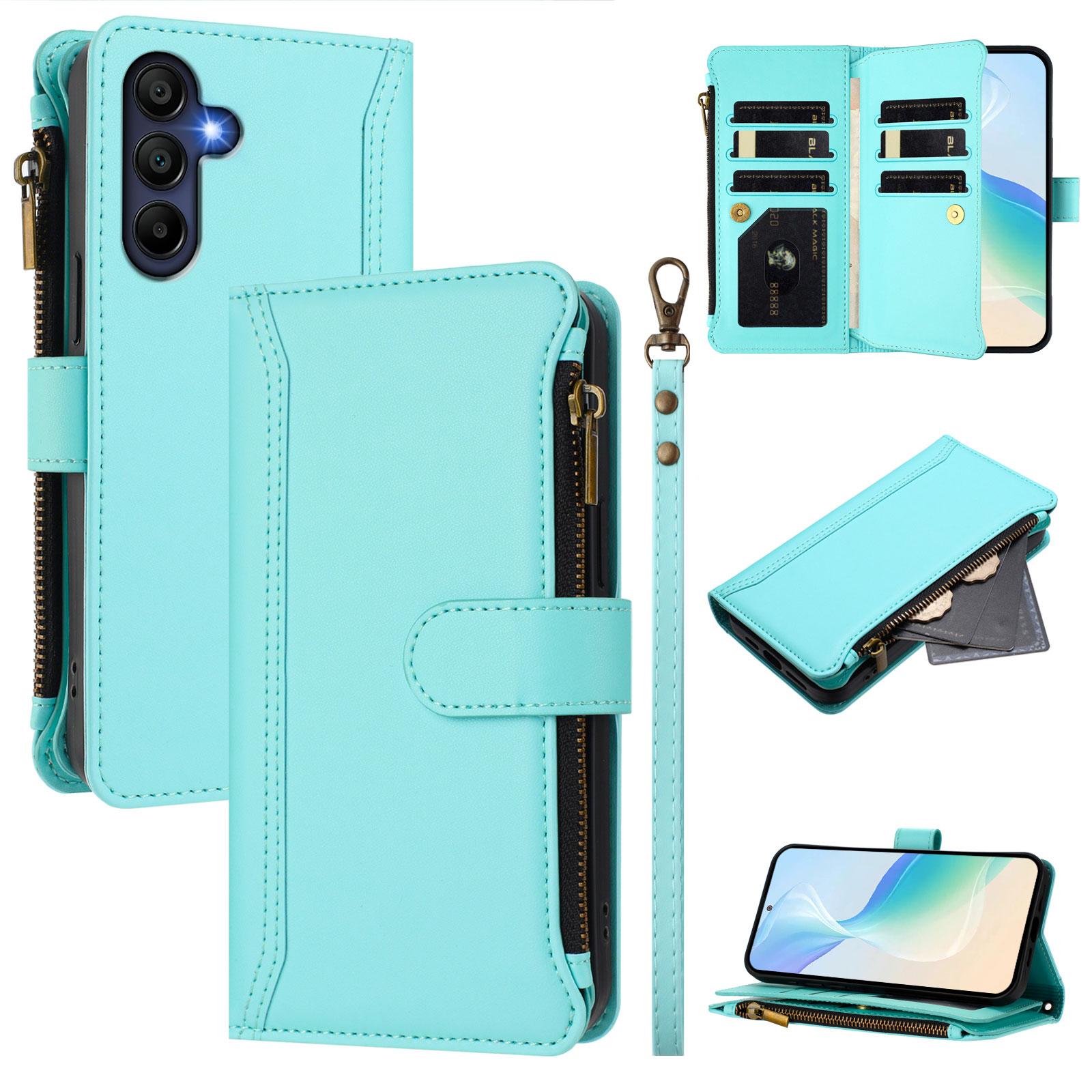 

For Samsung Galaxy A16 4G/Galaxy A16 5G Leather Case 9 Card Slots Zipper Wallet Stand Phone Cover with Wrist Strap E