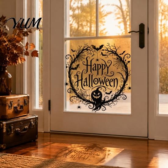 Dark Theme Party Decor Halloween Static Window Clings, Spider Web Pumpkin Happy Glass Translucent Festive Ornaments Decor, Adhesive-Free Clings Decals