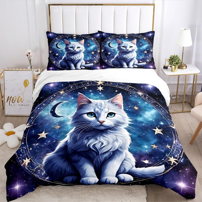 3pcs Starry Cat Design Bedding Set - Includes Quilt Cover and Pillowcases, Suitable for All Seasons, Machine Washable - Ideal Gift for Famil