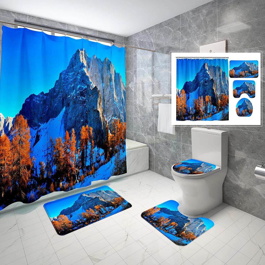 Schneeberg Duschvorhang-Set Schöne Naturlandschaft Duschvorhang Rutschfeste Badematte Toilettendeckelbezug Für Badezimmerdekoration