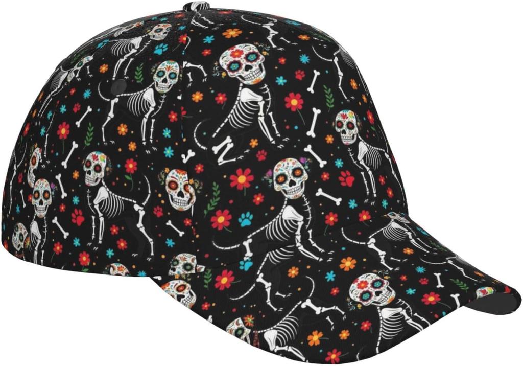 Sugar Skull Dog Skeleton Funny Animal Pattern Hip Hop Sun Hat Adult Dad Hat Baseball Cap Adjustable Golf Dad Hats Outdoor Cap