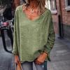 Ladies Spring Autumn Long Sleeves V Collar Loose Solid Color Pullover T Shirt Blouse Top