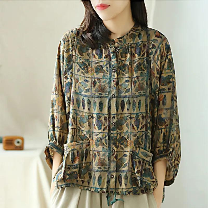 Bavlněná lněná dámská košile Vintage oversized velbloudí retro potištěná bavlněná a lněná košile se sedmičtvrtečními rukávy pro dámské letní oblečení na ochranu před sluncem