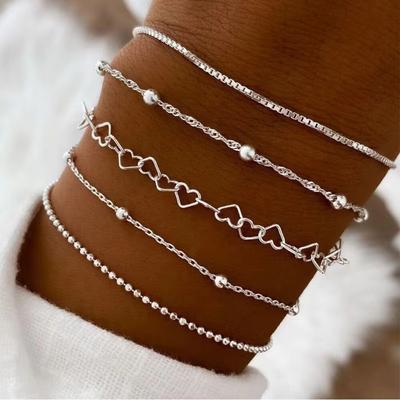 Ensemble de 5 Bracelets à Maillons Argentés pour Femmes Simples Élégants Vacances Fête à la Plage Bijoux Décontractés Polyvalents Port Quotidien