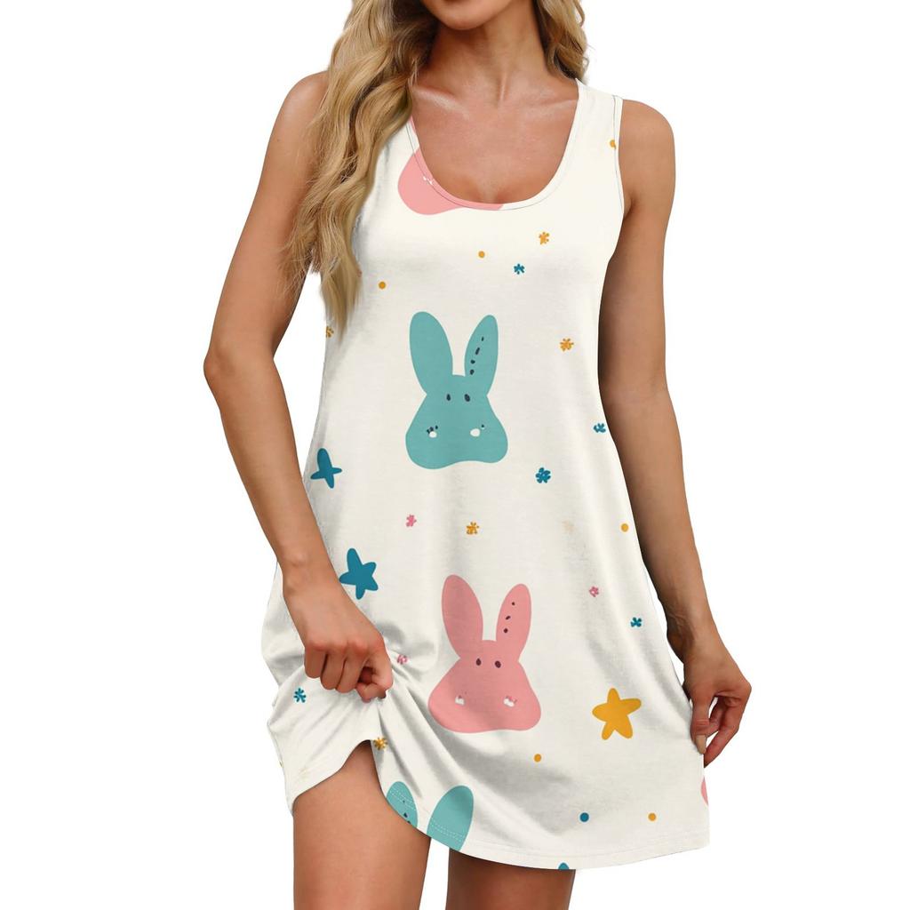 Women's Summer Casual Square Collar Easter Print Dress Sleeveless Dress With Pockets