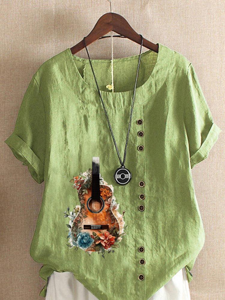 

Women s Fashion Guitar Print Round Neck Short Sleeve T-shirt Casual Cotton Linen Graphic Shirt Leisure Loose Summer Blouse Tops 5XL зелений