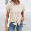 Women Casual Short Sleeve Knot Front T Shirt Blouse Crew Neck Loose Fit Summer Basic Top Comfortable Lightweight Tee