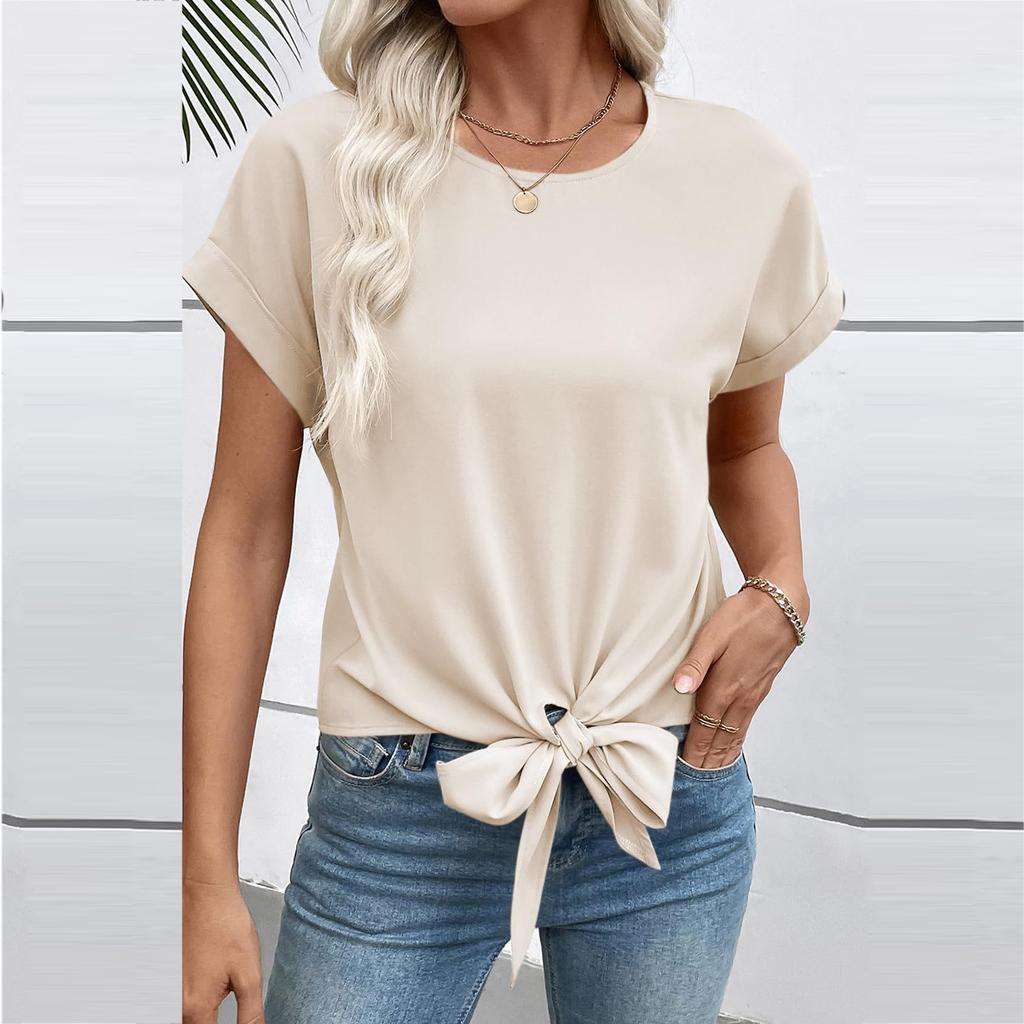 Women Casual Short Sleeve Knot Front T Shirt Blouse Crew Neck Loose Fit Summer Basic Top Comfortable Lightweight Tee