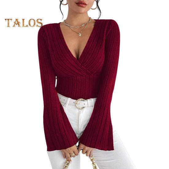 

Женские топы-топы с V-образным вырезом, расклешенные, с длинным рукавом, облегающие, трикотажные топы, однотонные, осенне-зимняя блузка S вино красного