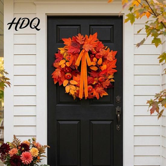 Thanksgiving Dekorationsgirlande für Eingang Herbst Ahornblatt Kürbis Kranz, Künstliche Beeren Ernte Türhänger Herbstlaub Veranda Thanksgiving,