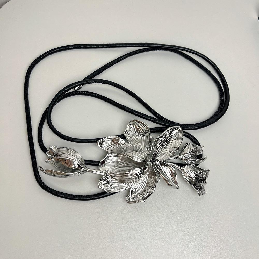 Vintage Zinc Zinc Alloy Flower Belt Elegant PU Leather Rope Belt Fashion Tulip Waist Chain  Women