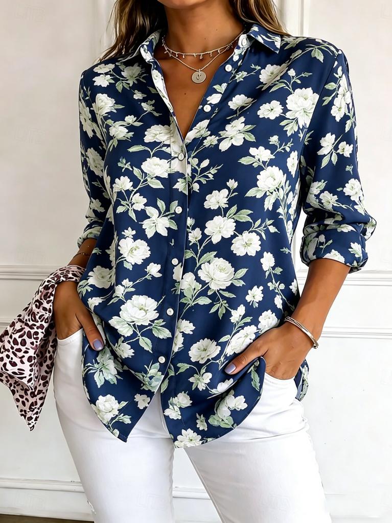 Women's Long Sleeve Floral Print Button Down Casual Shirt Elegant Daily Blouse Tops in Blue for Spring Summer