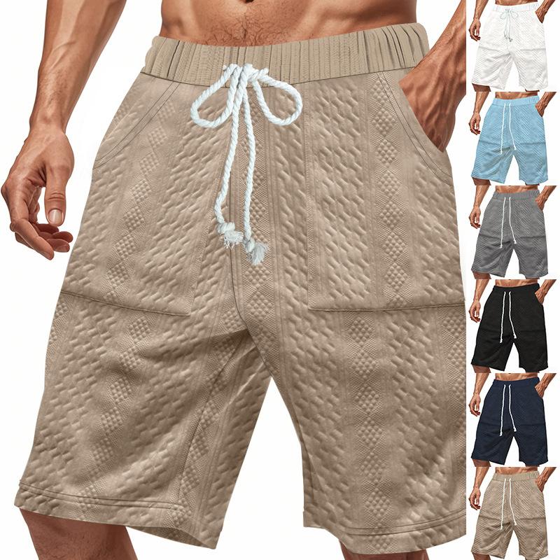 Mens Solid Color Jacquard Straight Casual Breathable Sports Beach Knee Length Shorts