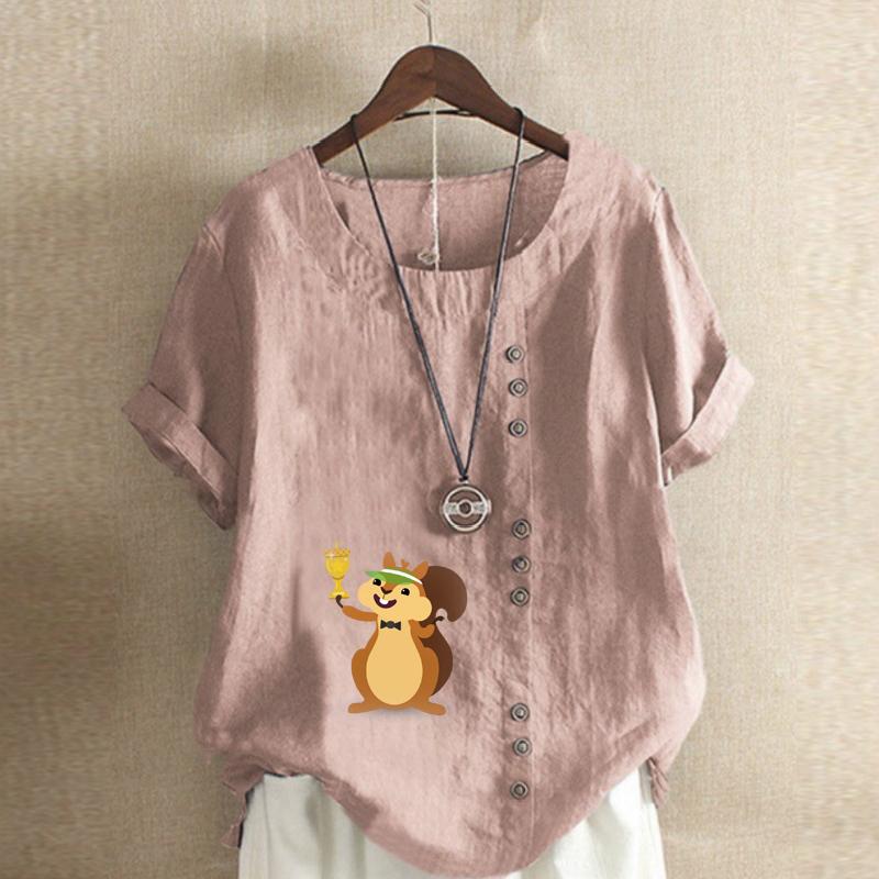 Women's Fashion Round Neck Short Sleeve T-shirt Casual Cotton Linen Graphic Shirt Leisure Loose Squirrel Prined Summer Blouse Tops