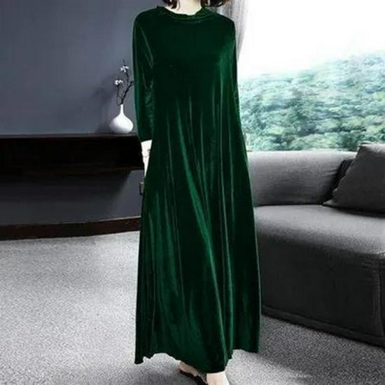 Women's Gold Velvet Knee-Length Long Dress - Autumn/Winter Collection