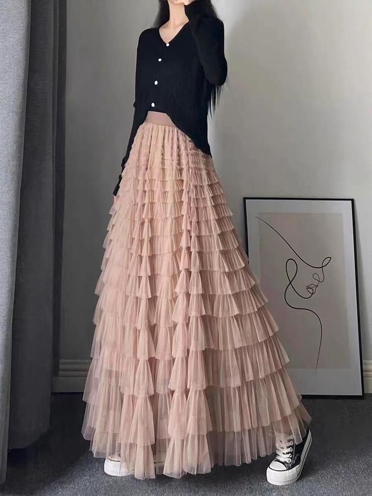 "2024 Frühling/Sommer Lotusblatt Mesh Puffrock": Gespleißt, Schlank, Von Prominenten inspiriert, Lang, Sexy Kuchenstil"