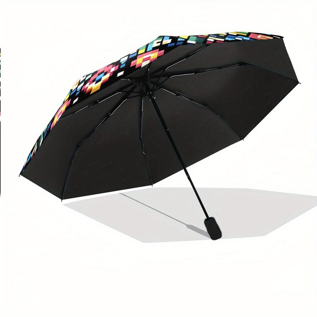Automatic Folding Umbrella Geometric pixel art pattern. Portable collapsible design, casual outdoor accessory, for all seasons