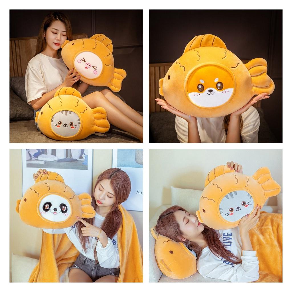 Cute Cartoon Fish Pillow Blanket For Girls Soft And Elastic Plush Material, Three-in-one Design For Sleeping, Napping, And Warmth, With Downy