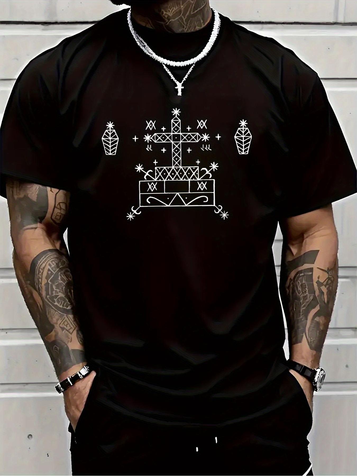 Graphic T-shirt - Black with White Cross & Stars - Breathable Summer Shirt for Casual XXL