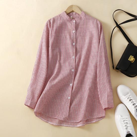 Damenhemd Stehkragen Langarm Einreihig Hemd Oberteile Vertikal gestreifter Druck