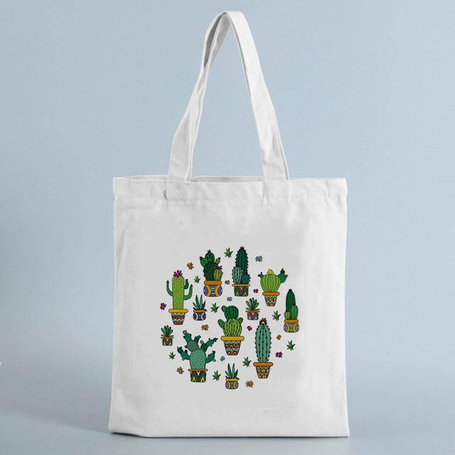 Tote Shopping Bag Cactus Drawing Print Reusable Ladies Canvas Shopper Bags Student Book Bag Female Eco Foldable Cute Bag Fashion