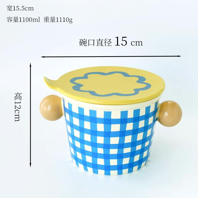 

Shaun Ceramics Creative Adult Instant Noodle Bowl Plaid Texture Creative Household Instant Noodle Bowl Big Ear Bowl