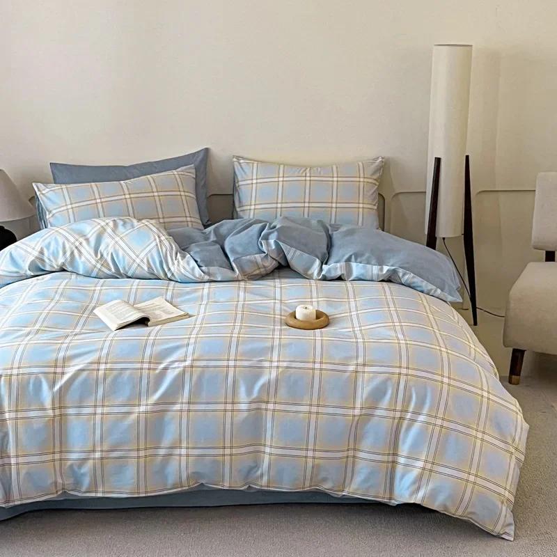 High Quality Grid Printed Flat Sheet Bedding Sets Light Luxury Cotton Soft Quilt Cover Single Double Bed Comfort Set for Adults