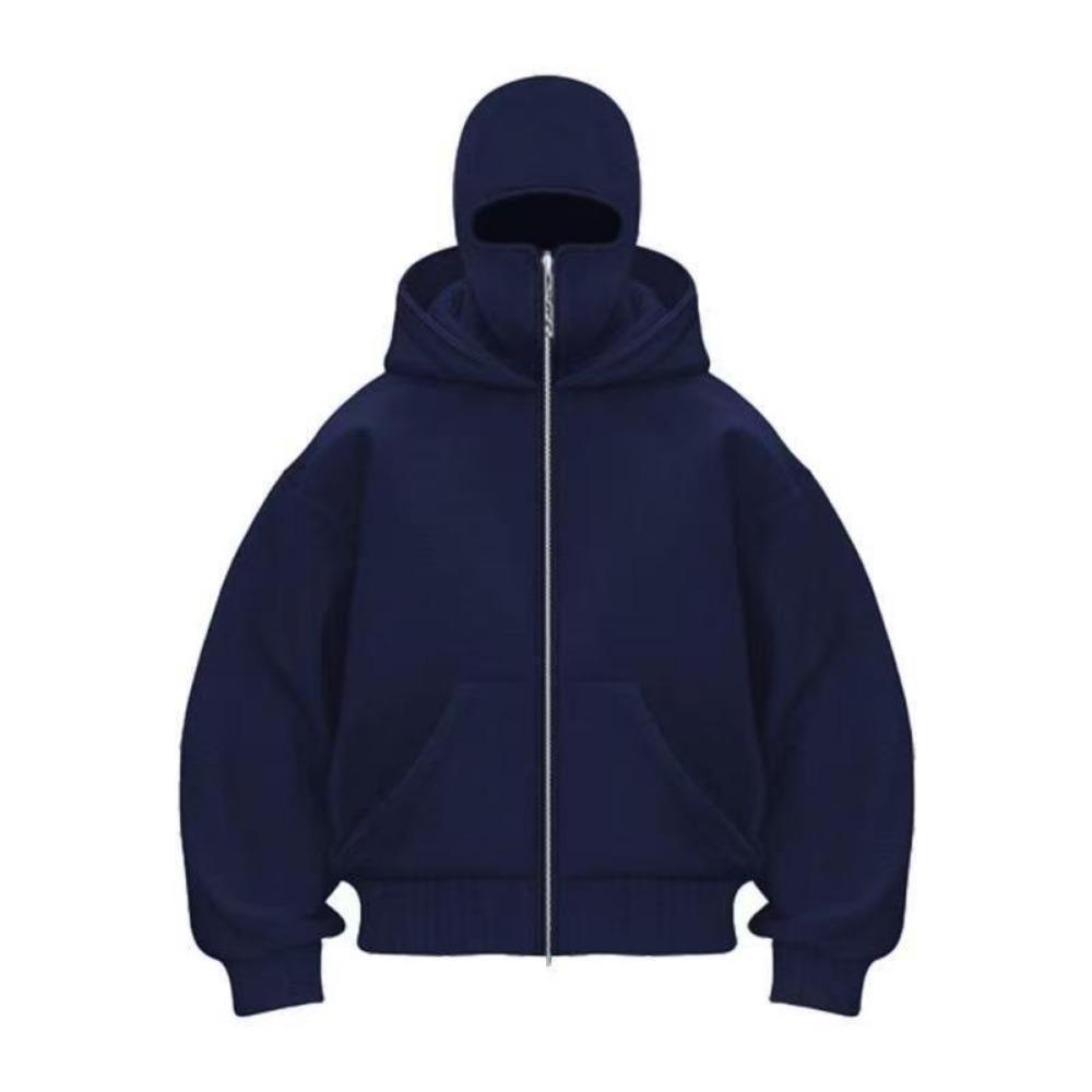 Men Hip Hop Double Hat Balaclava Hoodie Windproof Zipper Face Mask Sweatshirt Streetwear